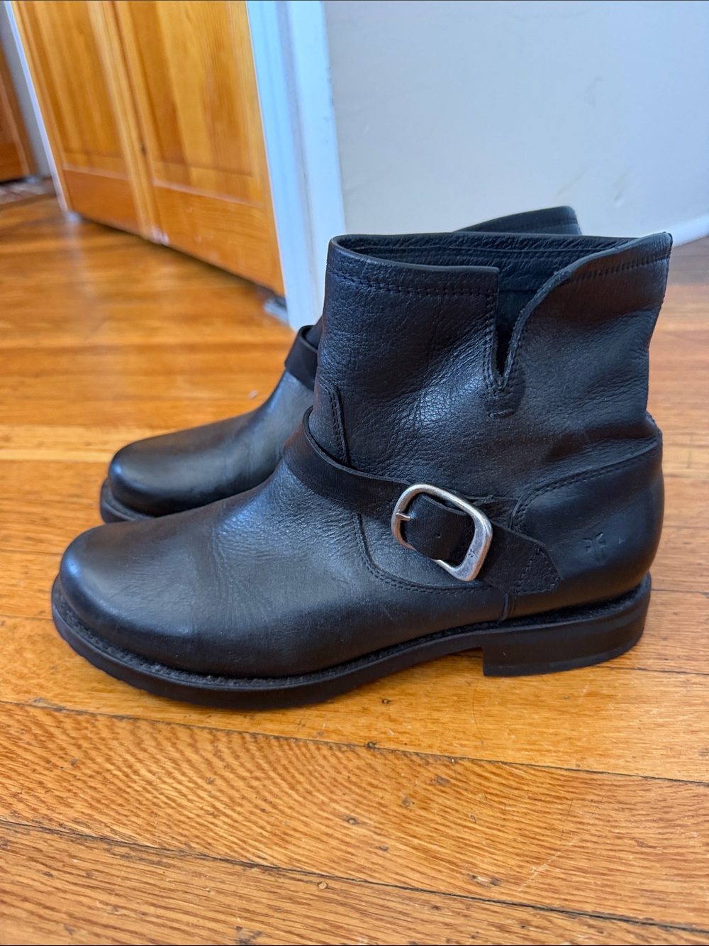 Frye Black Leather Men's Engineer Ankle Boots with Buckle